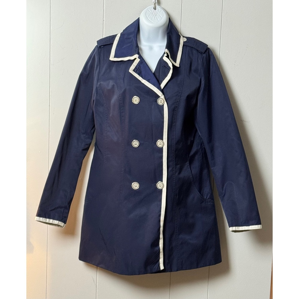 Nautica Women's Navy Blue Double Breasted Trench Coat White Trim Size M